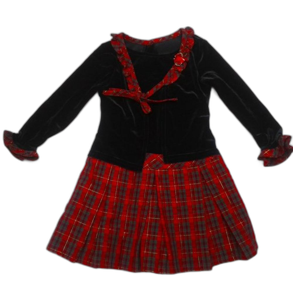 Youngland Toddler Girl Dress Velvet Black Red Green Gold Plaid Holiday Size 2T